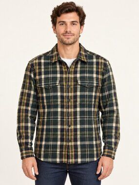 Roots Plaid Zip-Up Flannel Shirt Jacket Green Navy XL